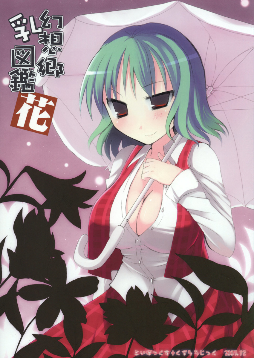 breasts cleavage cover cover_page flower green_hair highres kazami_yuuka kujiran large_breasts naughty_face open_clothes open_shirt parasol plaid plaid_skirt plaid_vest red_eyes shirt short_hair skirt skirt_set sky solo star_(sky) starry_sky touhou translation_request umbrella vest