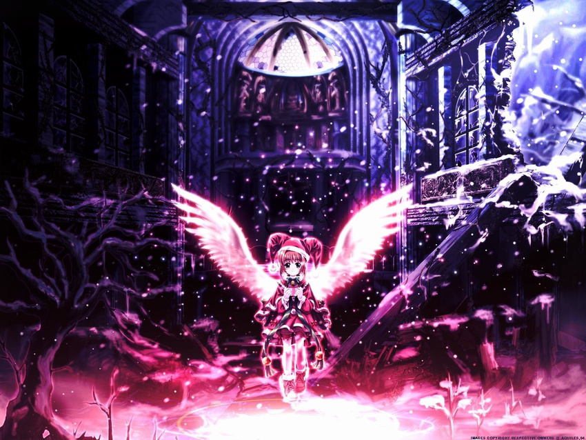 cardcaptor_sakura christmas church highres kinomoto_sakura mutsuki_(moonknives) ruins santa_costume snow snowing solo wings