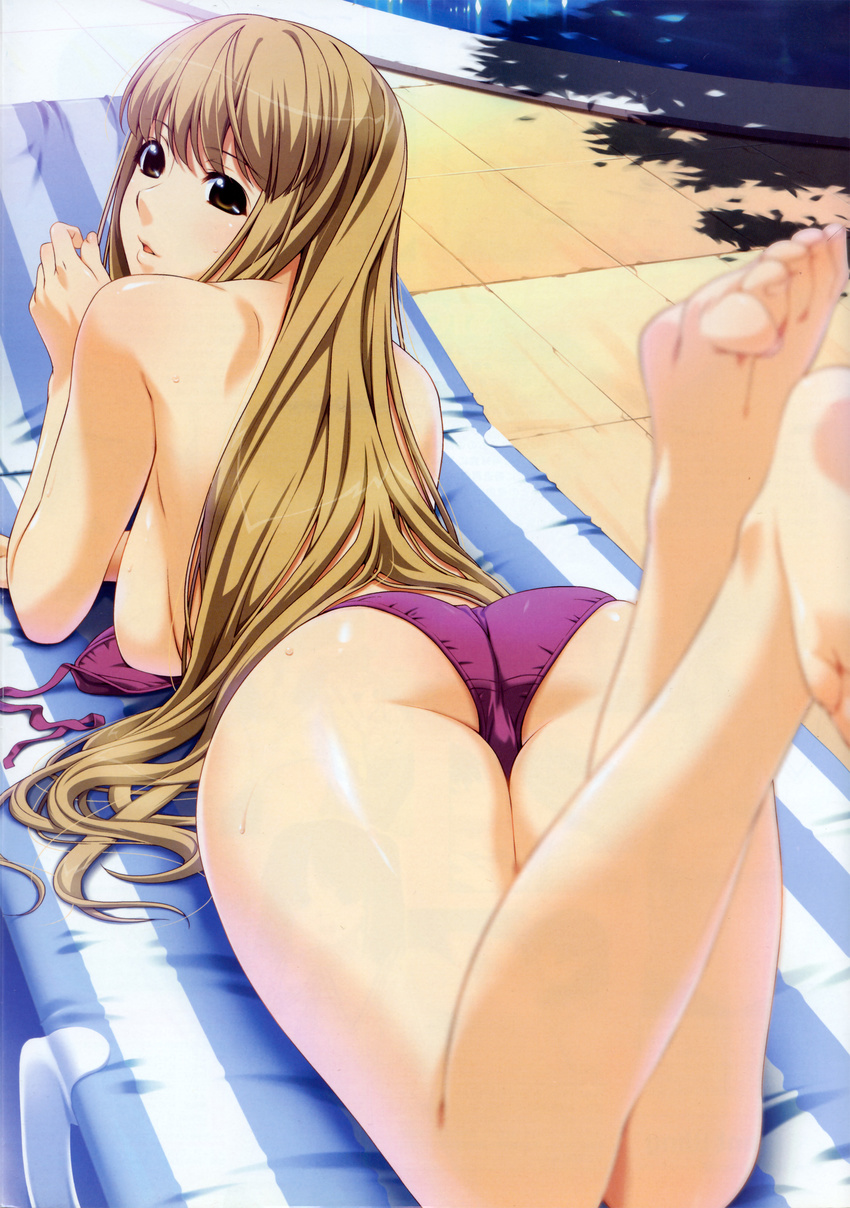 absurdres arm_support ass barefoot bikini bikini_top_removed blurry breasts brown_eyes chair curvy depth_of_field feet from_above from_behind highres ino kimihagu large_breasts legs legs_up light_brown_hair long_hair looking_back lounge_chair lying on_stomach parted_lips pool poolside pov_feet red_bikini sakurano_miren scan scan_artifacts sideboob soles solo striped swimsuit the_pose toes topless tree_shade untied wide_hips