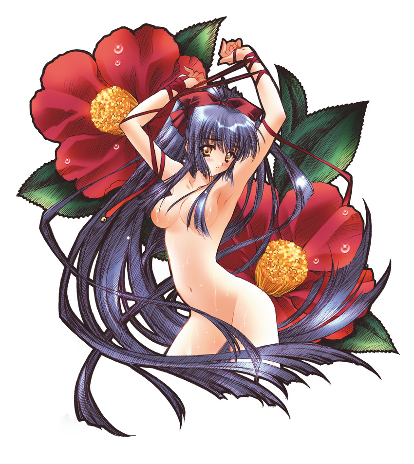 areola_slip areolae bell blush bow breasts camellia carnelian convenient_censoring cowboy_shot floral_background flower hair_bow hair_censor hair_over_breasts hair_over_crotch highres jingle_bell kao_no_nai_tsuki kuraki_suzuna long_hair looking_at_viewer medium_breasts naked_ribbon nude purple_hair red_bow red_ribbon ribbon sidelocks solo sweat very_long_hair yellow_eyes