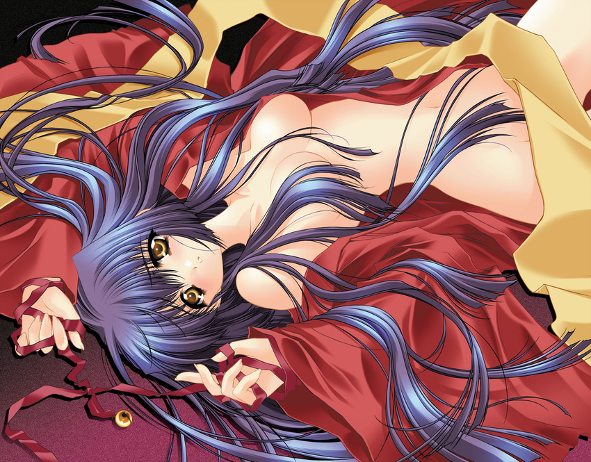 bell blue_hair blush breasts carnelian convenient_censoring gradient_hair hair_censor hair_over_breasts highres japanese_clothes jingle_bell jpeg_artifacts kao_no_nai_tsuki kimono kuraki_suzuna large_breasts long_hair lying multicolored_hair navel non-web_source off_shoulder on_back open_clothes purple_hair ribbon solo very_long_hair yellow_eyes