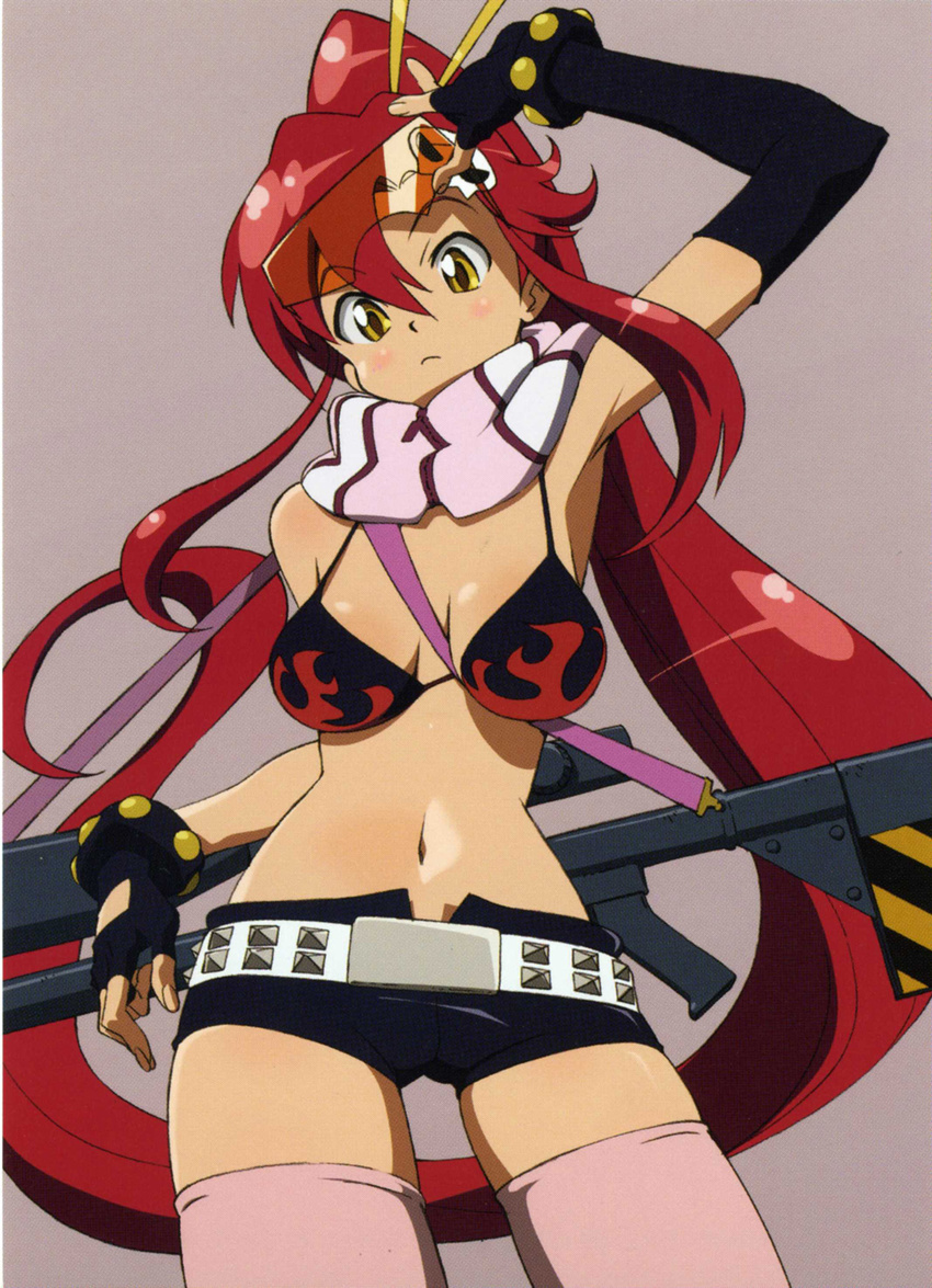 artist_request bikini_top blush breasts elbow_gloves glasses gloves gun highres large_breasts long_hair ponytail red_hair rifle scan scarf short_shorts shorts solo tengen_toppa_gurren_lagann thighhighs weapon yellow_eyes yoko_littner