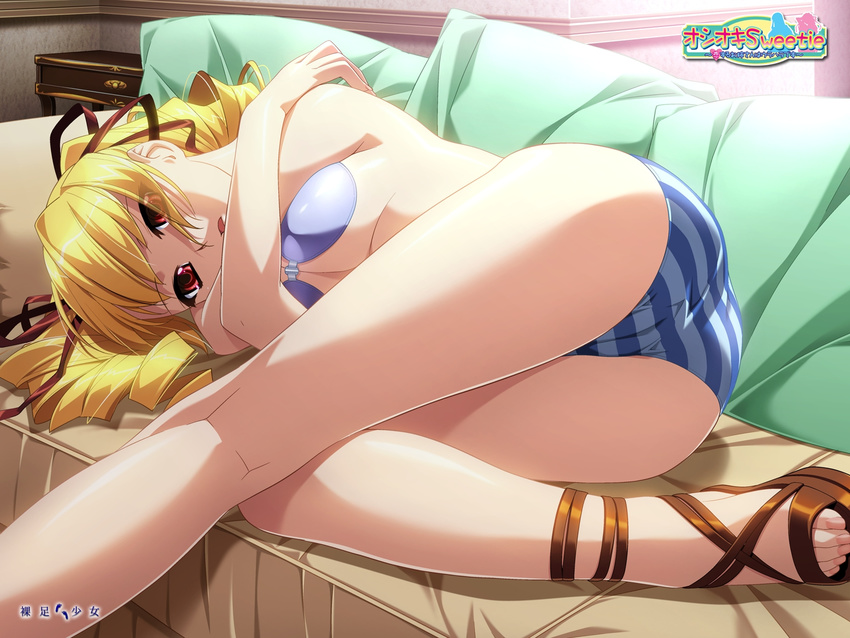 :o ass bent_over blonde_hair breasts cameltoe couch curvy drill_hair feet game_cg highres ino long_hair long_legs lying medium_breasts nail_polish oshioki_sweetie panties red_eyes ribbon ringlets sandals shinmeiji_rinn solo striped striped_panties thighs toenails toes underboob underwear wallpaper