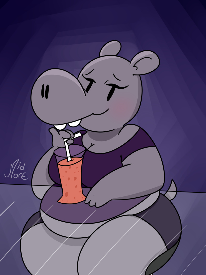 anthro bar belly beverage big_belly big_breasts blush breasts buckteeth cleavage clothed clothing digital_media_(artwork) drinking drunk eyelashes female hippopotamus invalid_tag looking_at_viewer mammal middriff midmort overweight overweight_female purple_background shorts simple_background sitting slightly_chubby teeth thick_thighs victoria(midmort) voluptuous