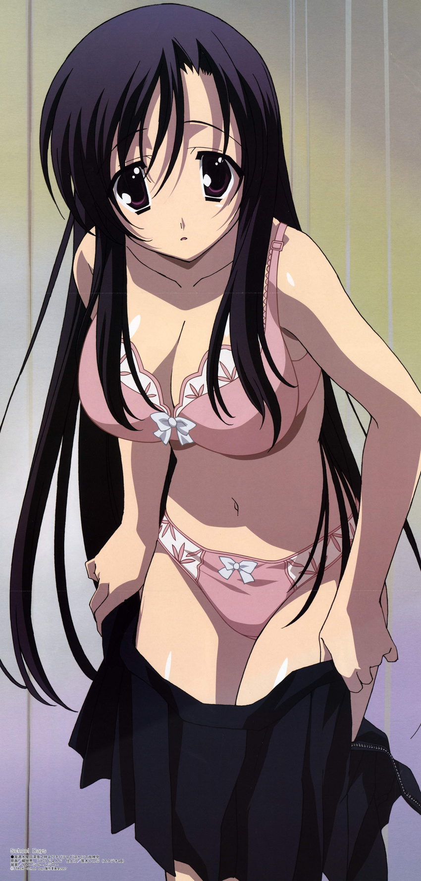 absurdres black_hair bow bow_bra bow_panties bra breasts cleavage duplicate frills gotou_junji highres katsura_kotonoha large_breasts leaning_forward lingerie long_hair megami navel non-web_source official_art open_clothes open_mouth open_skirt panties pink_panties purple_eyes scan school_days skirt skirt_pull solo surprised underwear underwear_only undressing unzipped very_long_hair zipper