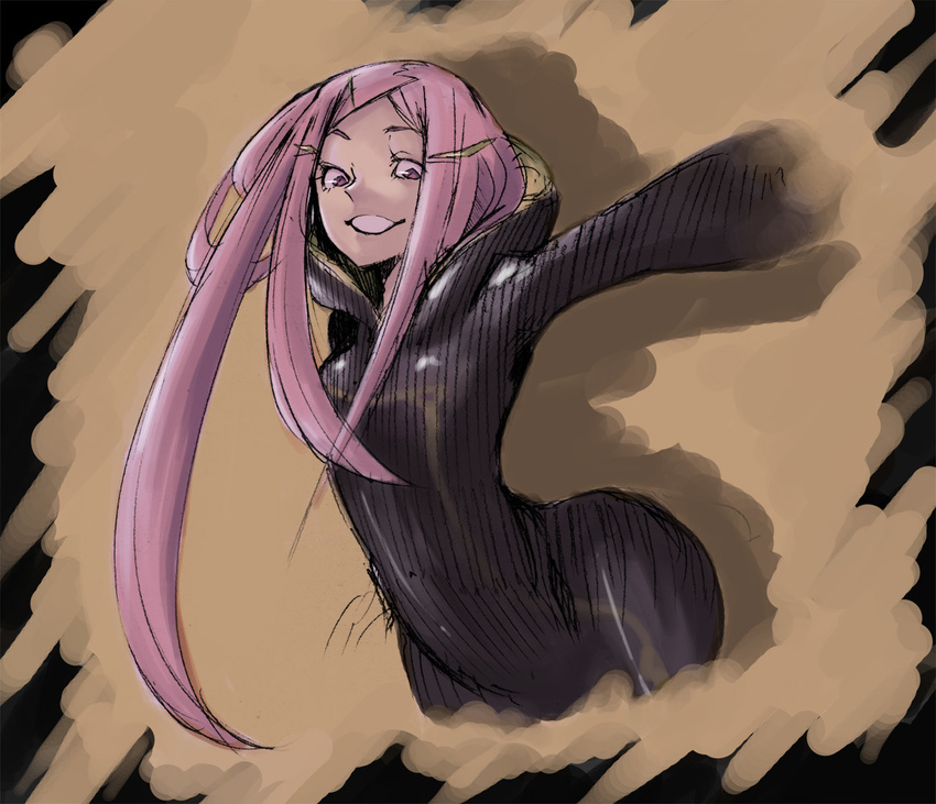 abara_heiki anemone_(eureka_seven) bad_id bad_pixiv_id black_bodysuit bodysuit eureka_seven eureka_seven_(series) grin hair_ornament hairclip pink_hair purple_eyes smile solo theend