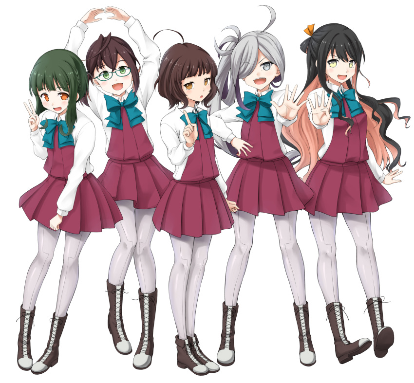 5girls asashimo_(kantai_collection) black_hair blazer blouse blue-framed_eyewear blush bob_cut boots bow bowtie braid brown_eyes brown_hair cross-laced_footwear dress fang glasses green_eyes green_hair grey_eyes grey_legwear hair_over_one_eye hair_ribbon highres jacket kantai_collection kishinami_(kantai_collection) lace-up_boots long_hair long_sleeves looking_at_viewer mole mole_under_mouth multicolored_hair multiple_girls naganami_(kantai_collection) okinami_(kantai_collection) pantyhose pink_hair ribbon school_uniform shirt short_hair short_hair_with_long_locks sidelocks silver_hair simple_background sleeveless sleeveless_dress takanami_(kantai_collection) two-tone_hair wavy_hair white_background white_blouse white_shirt yellow_eyes yuuki_kazuhito