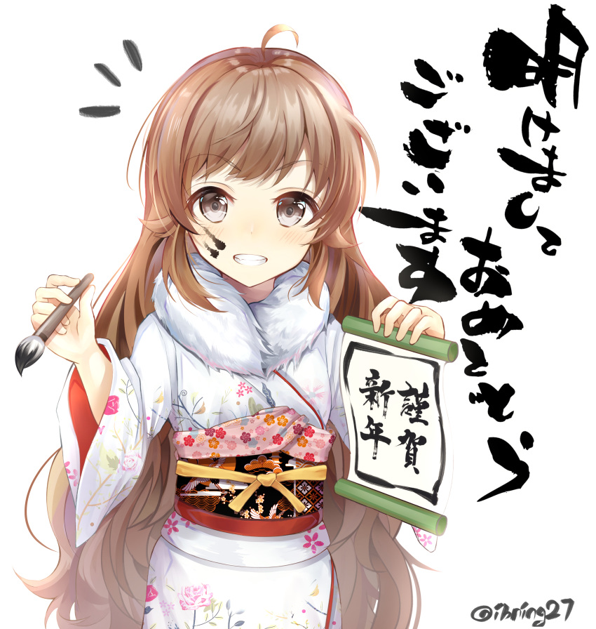 1girl :d absurdres ahoge bangs blush brown_eyes brown_hair calligraphy calligraphy_brush cowboy_shot exitb eyebrows_visible_through_hair floral_print fur_collar grin hands_up highres holding holding_brush japanese_clothes kimono long_hair long_sleeves looking_at_viewer new_year notice_lines obi open_mouth original paintbrush print_kimono sash sidelocks simple_background smile solo standing teeth twitter_username v-shaped_eyebrows very_long_hair wavy_hair white_background white_kimono wide_sleeves