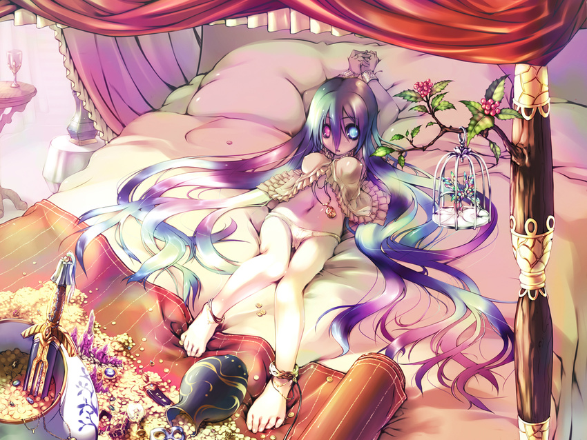anklet barefoot bed cage feet gold heterochromia jewelry long_hair lying midori_no_ruupe multicolored_hair necklace original panties solo sword treasure underwear very_long_hair weapon