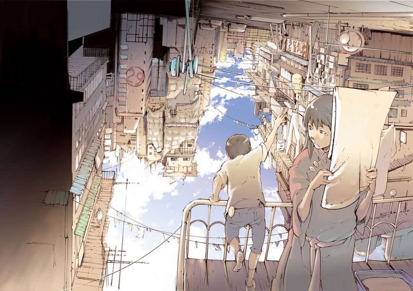 1girl child city floating_city landscape laundry miyashita_hiroki original scenery sky upside-down waving