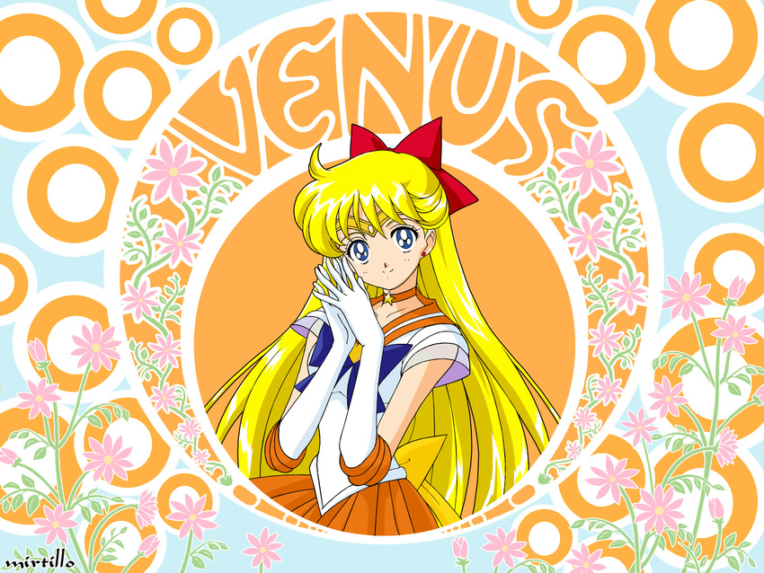 90s aino_minako art_nouveau back_bow bishoujo_senshi_sailor_moon blonde_hair blue_eyes bow choker earrings elbow_gloves flower gloves hair_bow half_updo hands_together highres jewelry long_hair magical_girl orange_(color) orange_choker orange_sailor_collar orange_skirt own_hands_together red_bow sailor_collar sailor_senshi_uniform sailor_venus skirt solo star star_choker super_sailor_venus wallpaper white_gloves