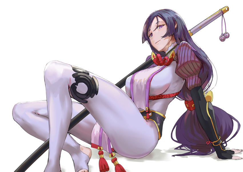 1girl black_gloves bodysuit breasts collar fate/grand_order fate_(series) frilled_collar frills gauntlets gloves juu_roku_gen katana large_breasts long_hair looking_at_viewer low-tied_long_hair minamoto_no_raikou_(fate/grand_order) parted_lips purple_eyes purple_hair sheath sheathed simple_background sitting solo sword tabard tassel weapon white_background