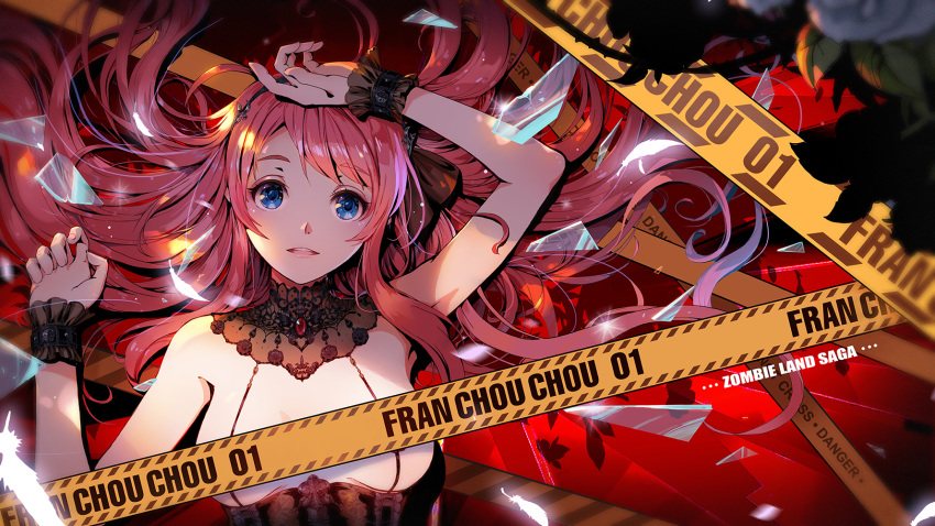 1girl blue_eyes bracelet breasts caution_tape censored copyright_name feathers glass_shards hairband hand_on_own_head highres jewelry long_hair lying minamoto_sakura on_back open_mouth pcw red_hair zombie_land_saga