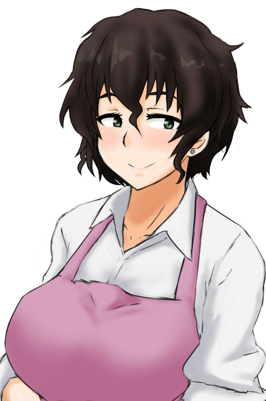 1girl akiyama_yoshiko blush breasts brown_hair earrings girls_und_panzer green_eyes highres jewelry kinkin18 large_breasts looking_at_viewer messy_hair milf motherly shirt short_hair simple_background smile solo white_background