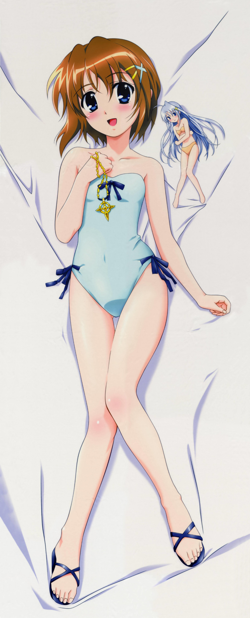 absurdres artist_request bare_shoulders bed blue_eyes blue_hair blush brown_hair dakimakura feet full_body hair_ornament highres knees_together_feet_apart long_hair lyrical_nanoha mahou_shoujo_lyrical_nanoha mahou_shoujo_lyrical_nanoha_a's minigirl multiple_girls one-piece_swimsuit reinforce_zwei sandals schwertkreuz short_hair swimsuit x_hair_ornament yagami_hayate