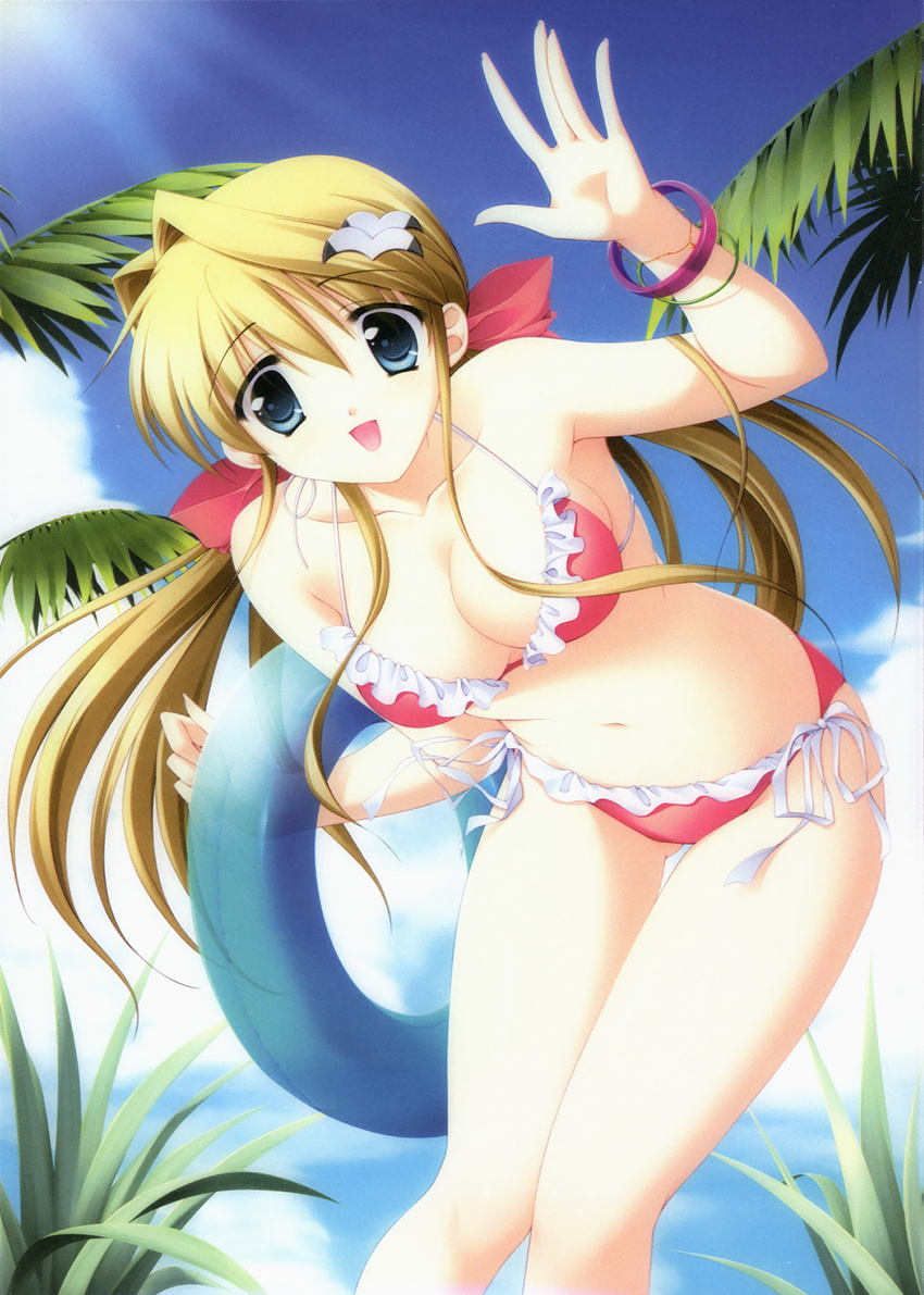 beach bent_over bikini blonde_hair blue_eyes bow bracelet breasts cleavage cloud day frilled_bikini frills hatano_konami highres innertube jewelry large_breasts light_rays long_hair matsushita_makako navel non-web_source outdoors palm_tree rakko_(makarakko) side-tie_bikini sky solo sun sunbeam sunlight swimsuit tree underbar_summer very_long_hair waving