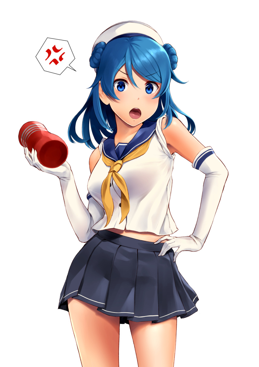 1girl :o anger_vein angry artificial_vagina bangs bare_shoulders black_skirt blue_eyes blue_hair blue_sailor_collar blush breasts commentary_request copyright_request cowboy_shot double_bun elbow_gloves eyebrows_visible_through_hair gloves hand_on_hip hat highres holding kantai_collection looking_at_viewer medium_breasts medium_hair neckerchief pleated_skirt sailor_collar sailor_hat shirt simple_background skirt sleeveless sleeveless_shirt solo speech_bubble spoken_anger_vein swept_bangs tenga urakaze_(kantai_collection) v-shaped_eyebrows wa_(genryusui) white_background white_gloves white_hat white_shirt yellow_neckwear