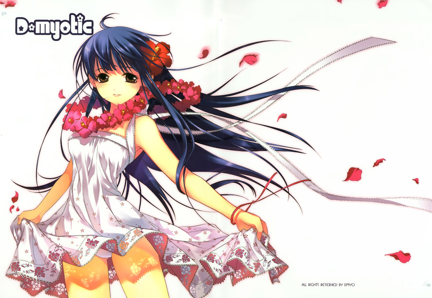 blue_hair brown_eyes dmyotic dress flower hair_flower hair_ornament hibiscus long_hair panties scan shirahane_nao solo underwear