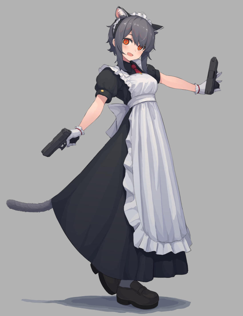 1girl animal_ear_fluff animal_ears apron cat_ears cat_tail commentary dual_wielding english_commentary fang full_body gloves grey_hair gun handgun highres holding holding_gun holding_weapon loafers maid maid_apron maid_headdress necktie orange_eyes original pistol puffy_short_sleeves puffy_sleeves shoes short_hair_with_long_locks short_sleeves simple_background solo tail weapon white_gloves wozora