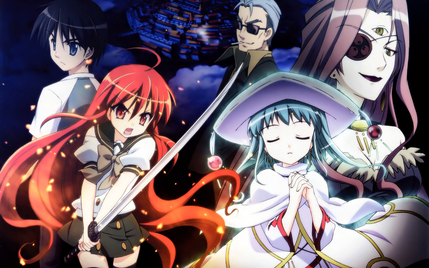 3girls alastor_(shakugan_no_shana) artist_request bel_peol hecate highres jewelry katana multiple_boys multiple_girls pendant red_hair sakai_yuuji school_uniform serafuku shakugan_no_shana shana sword sydonay wallpaper weapon