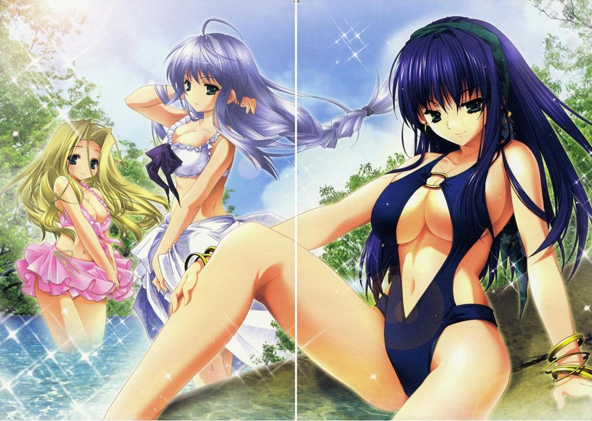 bikini blonde_hair blue_eyes blue_hair braid breasts crease day green_eyes hrist_valkyrie kamishiro_midorimaru large_breasts lenneth_valkyrie long_hair multiple_girls scan silmeria_valkyrie swimsuit valkyrie_profile valkyrie_profile_2 water