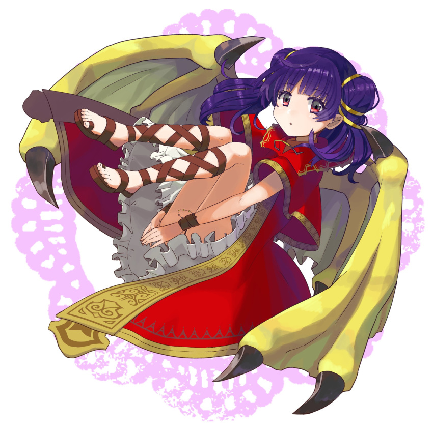 1girl capelet dragon_wings dress fire_emblem fire_emblem:_seima_no_kouseki full_body highres mamkute multi-tied_hair myrrh nintendo parted_lips peppedayo_ne purple_hair red_eyes sandals solo twintails wings wristband