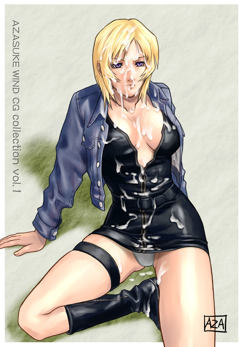 aya_brea azasuke blonde_hair boots cum facial highres open_clothes open_shirt panties pantyshot parasite_eve shirt underwear