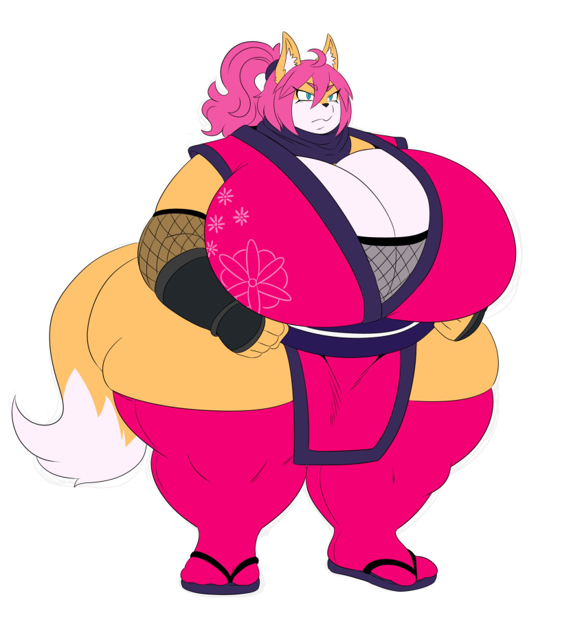 anthro armor big_breasts big_butt black_nose blue_eyes breasts butt canine cleavage clothed clothing female fishnet fishnet_armwear fishnet_topwear footwear fox fur gauntlets gloves hair huge_breasts huge_butt legwear mammal ninja obese obese_female orange_fur overweight overweight_female pink_hair ponytail sandals simple_background socks solo sssonic2 standing thick_thighs thigh_highs voluptuous white_background wide_hips