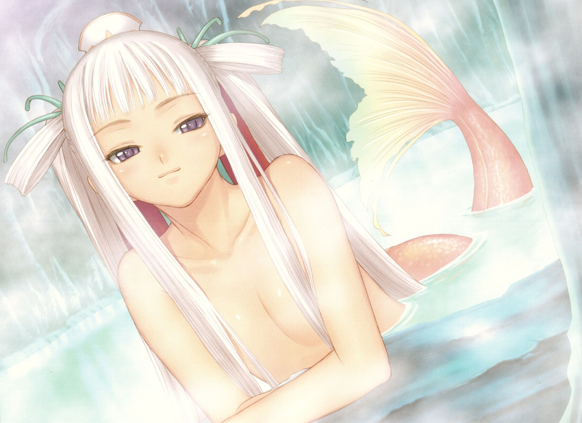 blush collarbone convenient_censoring flat_chest hair_censor hair_over_breasts highres houmei light_smile long_hair mermaid monster_girl nude pink_hair purple_eyes scales shining_(series) shining_wind solo steam tanaka_takayuki water wet