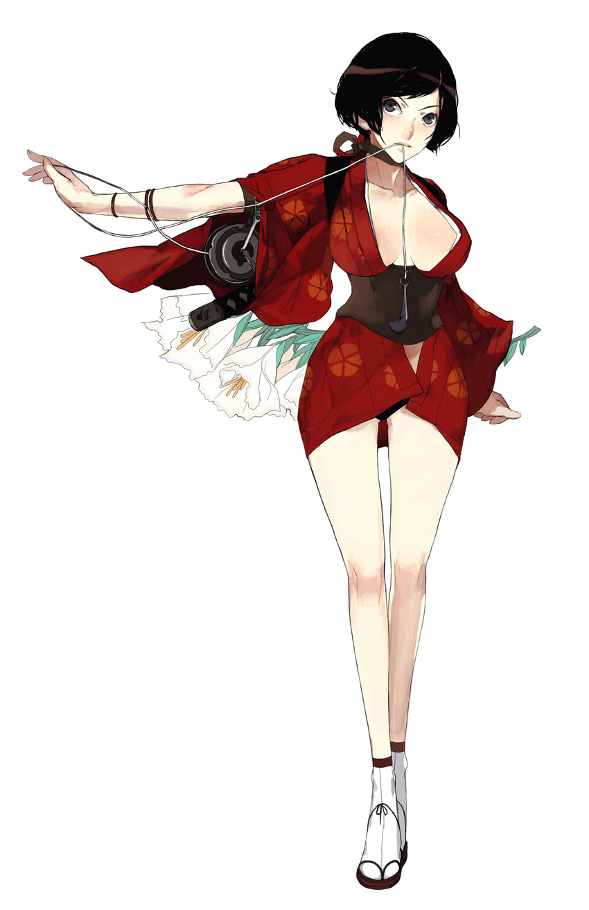 black_panties breasts brown_hair choker cleavage d.k flower grey_eyes highres japanese_clothes kimono kurenai_(red_ninja) large_breasts legs long_legs mouth_hold official_art open_clothes open_kimono panties red_ninja sandals short_hair socks solo tabi underwear