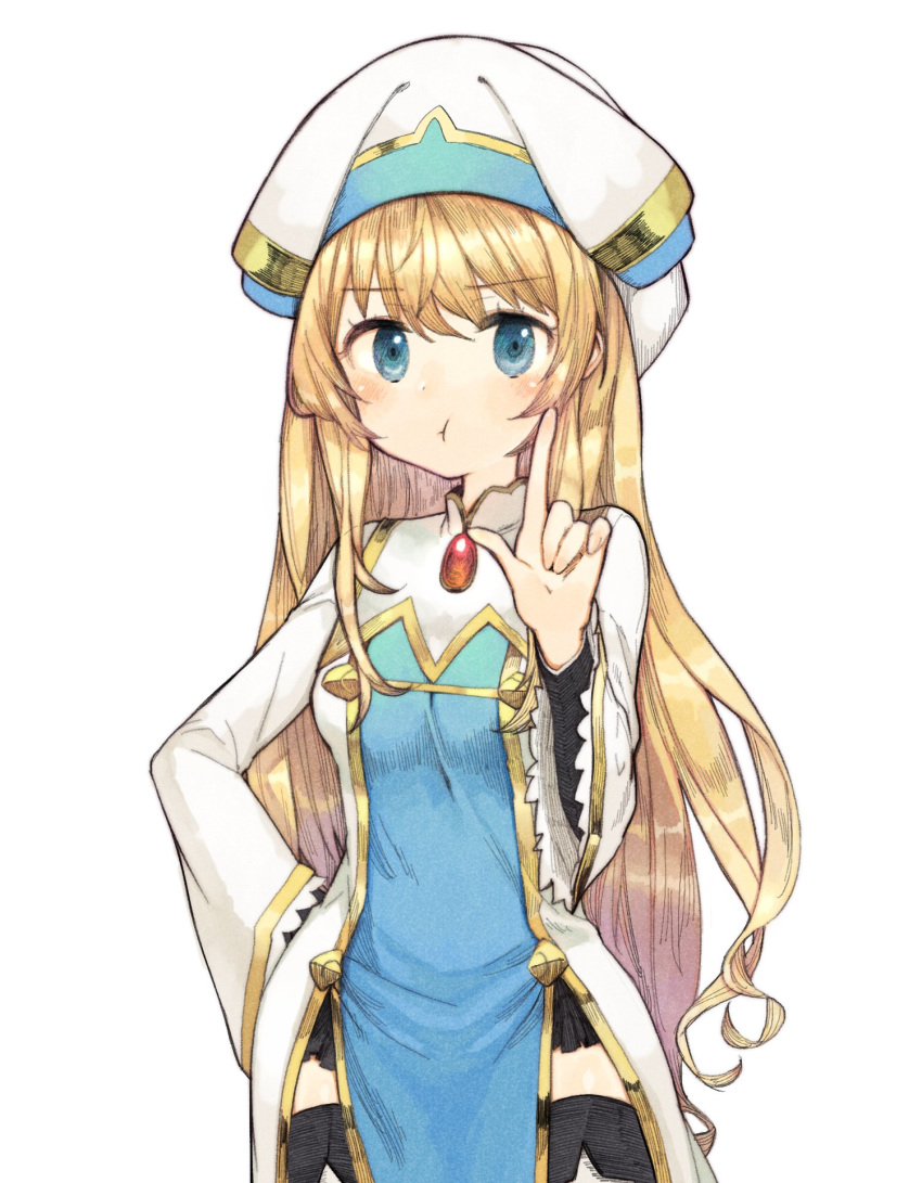 :t blonde_hair blue_eyes commentary dress goblin_slayer! hat highres long_hair looking_at_viewer pout priestess_(goblin_slayer!) sakutake_(ue3sayu) simple_background solo standing white_background white_dress white_hat