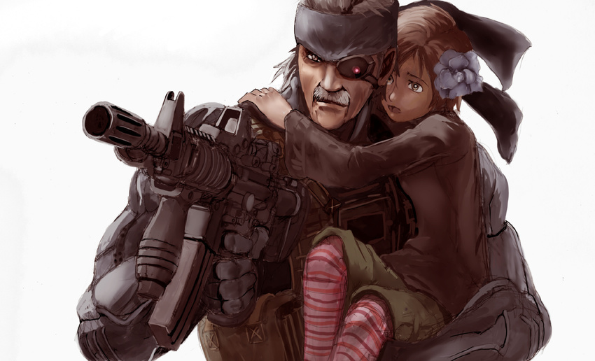 1girl 30ml assault_rifle bad_id bad_pixiv_id carrying eyepatch facial_hair gun m4_carbine metal_gear_(series) metal_gear_solid_4 mustache old_snake open_mouth rifle short_hair simple_background solid_snake striped sunny_gurlukovich weapon white_background