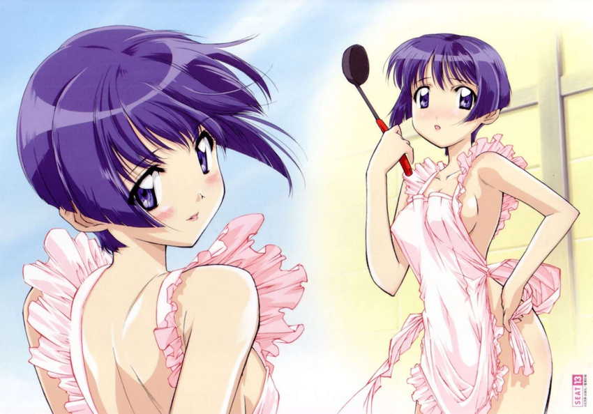 ai_yori_aoshi apron blue_eyes blue_hair blush breasts covered_nipples fumizuki_kou highres medium_breasts naked_apron no_panties sakuraba_aoi sideboob