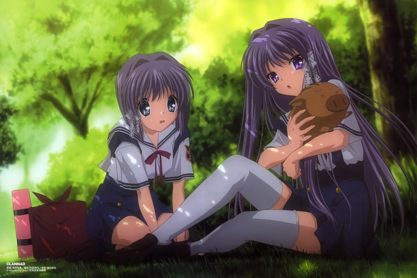 absurdres botan_(clannad) clannad dappled_sunlight fujibayashi_kyou fujibayashi_ryou hair_ribbon highres hikarizaka_private_high_school_uniform ikeda_kazumi multiple_girls official_art purple_hair ribbon scan school_uniform serafuku siblings sisters sunlight thighhighs twins zettai_ryouiki