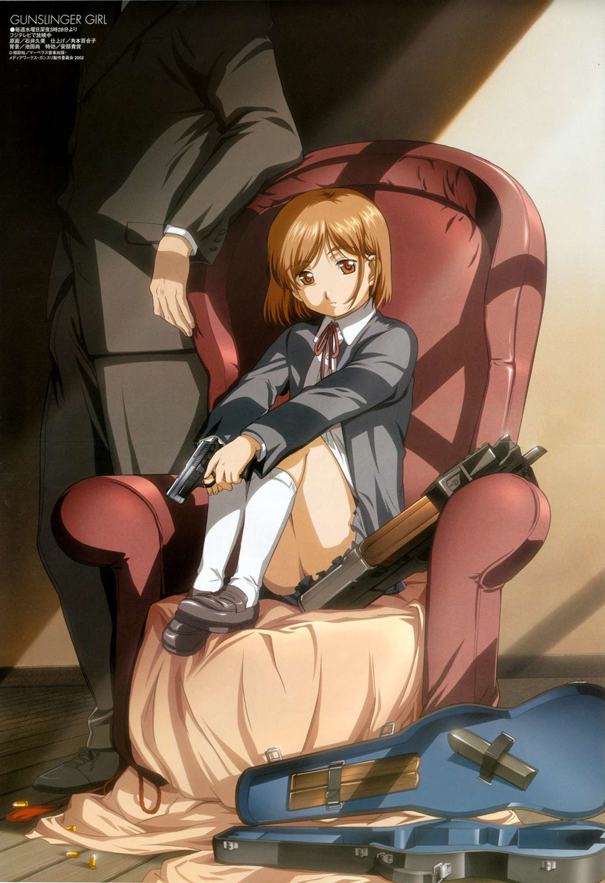 1girl armchair bob_cut brown_eyes brown_hair bullpup chair gun gunslinger_girl handgun henrietta_(gunslinger_girl) highres instrument_case ishii_kumi knees_up out_of_frame p90 pistol sig_sauer sig_sauer_p239 socks solo_focus submachine_gun weapon