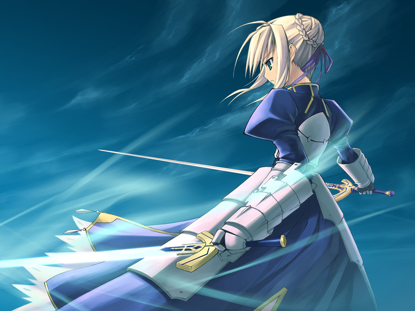 armor armored_dress artoria_pendragon_(all) blonde_hair caliburn dress excalibur fate/stay_night fate_(series) faulds glowing glowing_sword glowing_weapon green_eyes highres saber solo sword wallpaper weapon