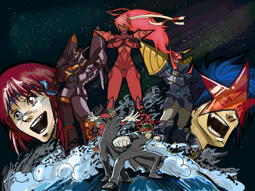 3boys absurdres buster_machine_7 chouginga_gurren-lagann company_connection crossover epic gainax gunbuster highres lordgenome manly md5_mismatch multiple_boys multiple_girls oota_kouichirou osu!_tatakae!_ouendan ouendan resized shroedinger simon space star_shades takaya_noriko tengen_toppa_gurren_lagann top_wo_nerae! top_wo_nerae_2! upscaled