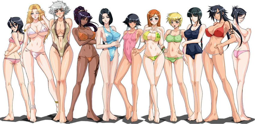 barefeet bikini bleach blush cleavage erect_nipples everyone inoue_orihime ise_nanao jpeg_artifacts kagami kotetsu_isane kotetsu_kiyone kuchiki_rukia kurotsuchi_nemu matsumoto_rangiku school_swimsuit shiba_kuukaku shihouin_yoruichi soifon swimsuit tattoo unohana_retsu