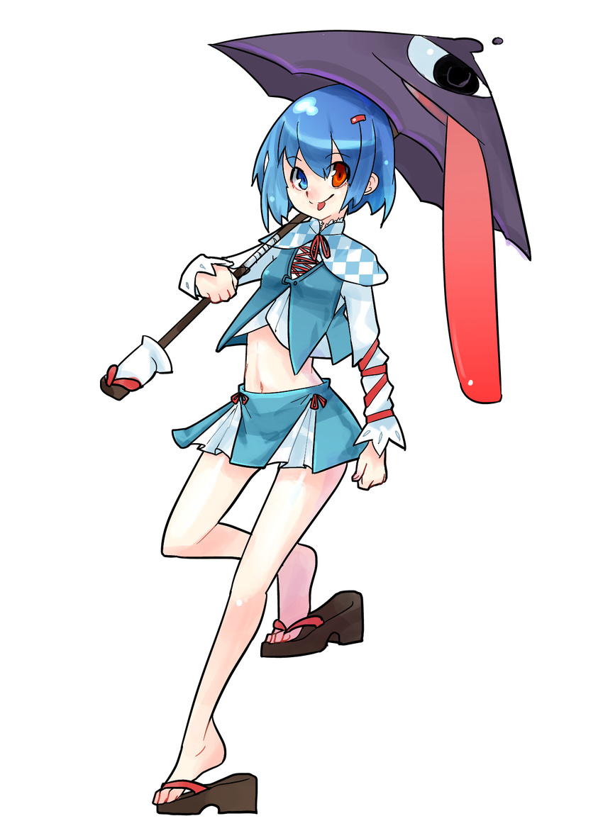 :p adapted_costume alternate_costume bad_id bad_pixiv_id blue_eyes blue_hair flelincw full_body geta heterochromia highres karakasa_obake midriff miniskirt purple_umbrella red_eyes short_hair skirt solo standing tatara_kogasa tongue tongue_out touhou transparent_background umbrella