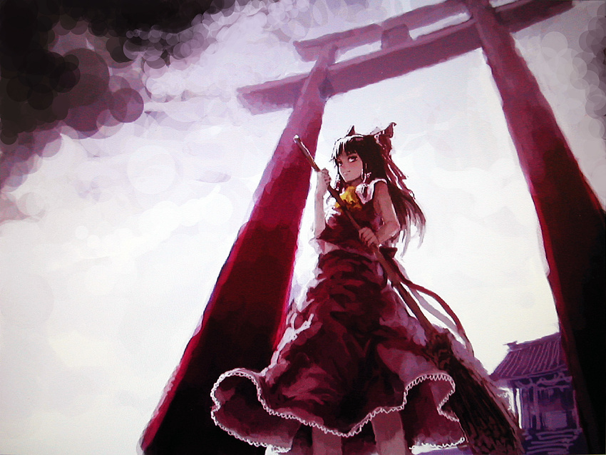 bow broom brown_eyes brown_hair from_below hair_bow hakurei_reimu highres long_hair perspective ribbon shrine solo torii touhou wuliao555