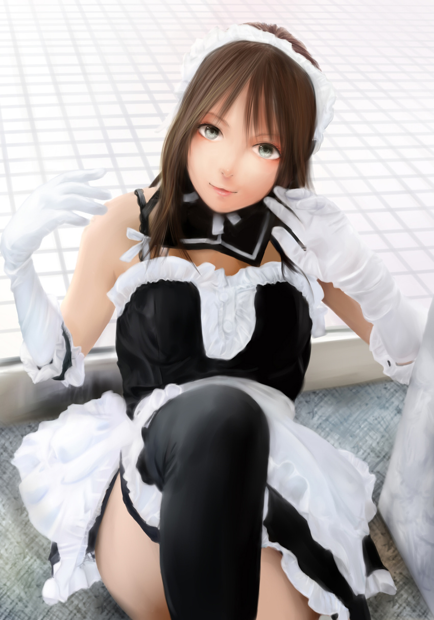 convenient_leg dress elbow_gloves gloves highres kore_ga_watashi_no_goshujin-sama kuramachi_anna lips maid moekyon nakabayashi_yoshitaka's_maid_uniform realistic skirt solo thighhighs