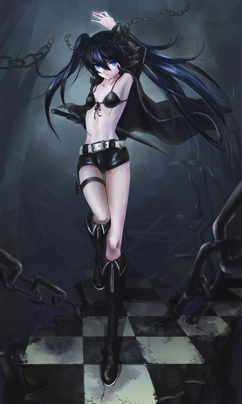 bikini_top black_hair black_rock_shooter black_rock_shooter_(character) blue_eyes boots chain coat glowing glowing_eyes highres long_hair midriff navel pale_skin scar shorts solo sword twintails uneven_twintails ushas weapon