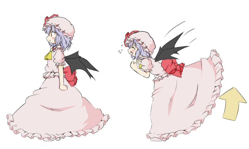 :d ^_^ bat_wings blue_hair blush closed_eyes directional_arrow fang flying_sweatdrops from_side happy hat highres long_skirt multiple_views open_mouth profile red_eyes remilia_scarlet ribbon shino_(ponjiyuusu) short_hair simple_background skirt skirt_set smile touhou white_background wings