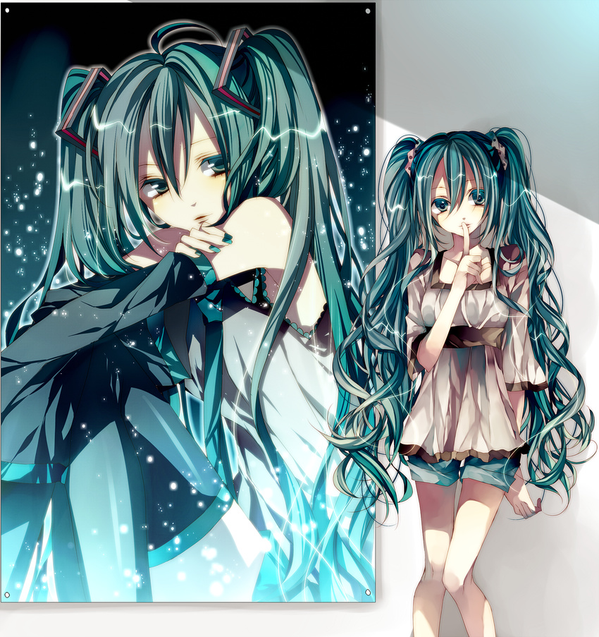 against_wall aqua_eyes aqua_hair aqua_nails casual detached_sleeves finger_to_mouth hatsune_miku highres long_hair nail_polish poster_(object) shushing standing tsukioka_tsukiho twintails vocaloid wavy_hair