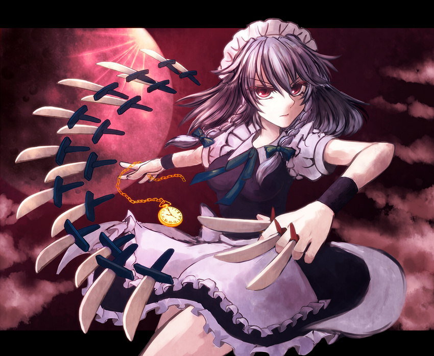 apron bad_id bad_pixiv_id braid chain cloud full_moon izayoi_sakuya kabocha_torute knife letterboxed maid maid_headdress moon pocket_watch red_eyes red_moon serious short_hair silver_hair solo touhou twin_braids watch