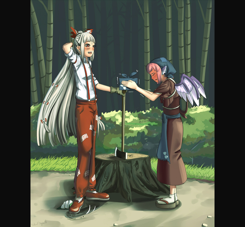 animal_ears apron axe bamboo bamboo_forest blush bow closed_eyes embarrassed forest fujiwara_no_mokou hair_bow head_scarf highres japanese_clothes long_hair lunchbox multiple_girls mystia_lorelei nature okamisty pillarboxed pink_hair red_eyes short_hair silver_hair suspenders tasuki touhou traghetto tree_stump very_long_hair wings