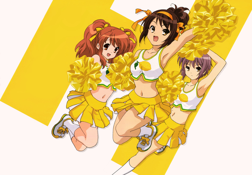 absurdres armpits arms_up asahina_mikuru brown_hair cheerleader detexted food fruit h hair_ribbon headband highres legs lemon midriff multiple_girls nagato_yuki navel non-web_source official_art open_mouth purple_hair ribbon short_hair socks suzumiya_haruhi suzumiya_haruhi_no_yuuutsu third-party_edit twintails