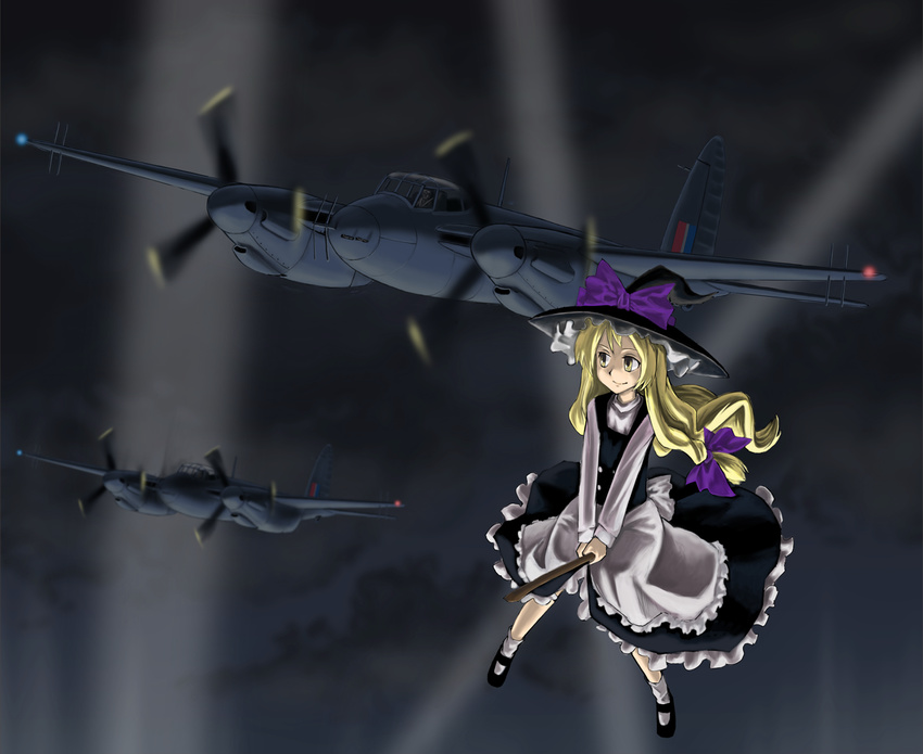 aircraft airplane blonde_hair broom broom_riding chanko kirisame_marisa military mosquito_(airplane) solo touhou world_war_ii