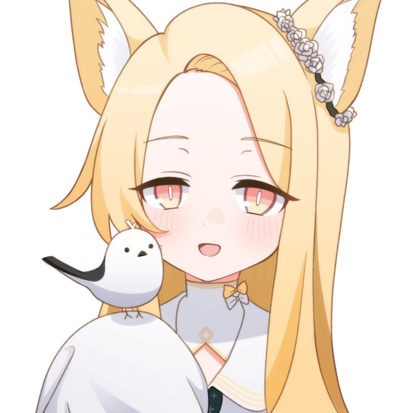 1girl :d absurdly_long_hair animal_ear_fluff animal_ears bird blonde_hair blue_archive blush fox_ears highres long_hair looking_at_viewer open_mouth parted_bangs petako_(ptpt_k) seia_(blue_archive) simple_background smile solo upper_body very_long_hair white_background yellow_eyes