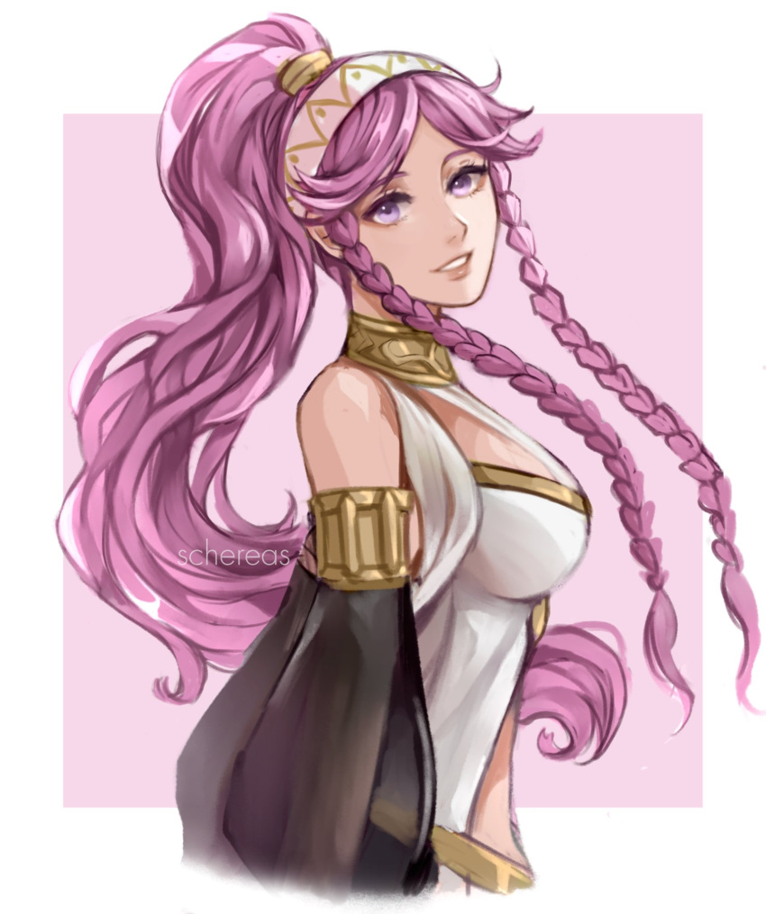 1girl artist_name braid breasts english_commentary fire_emblem fire_emblem_awakening from_side hairband highres long_hair looking_at_viewer olivia_(fire_emblem) parted_lips pink_eyes pink_hair ponytail schereas smile solo twin_braids upper_body very_long_hair